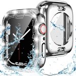 Goton 2 in 1 Waterproof Bling Case for Apple Watch 44mm SE (2nd Gen) Series 6 5 4 Screen Protector, Women Glitter Diamond Rhinestone Bumper Face Cover for iWatch Accessories 44 mm Silver